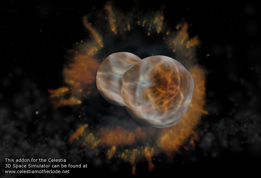 The reconstructed structure of the Eskimo Nebula revealing the classic two-lob stellar remnant.