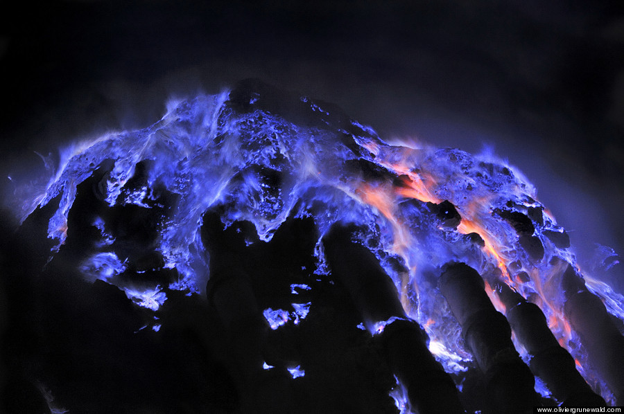Typical blue flames of sulfuric gaz Kawah Ijen